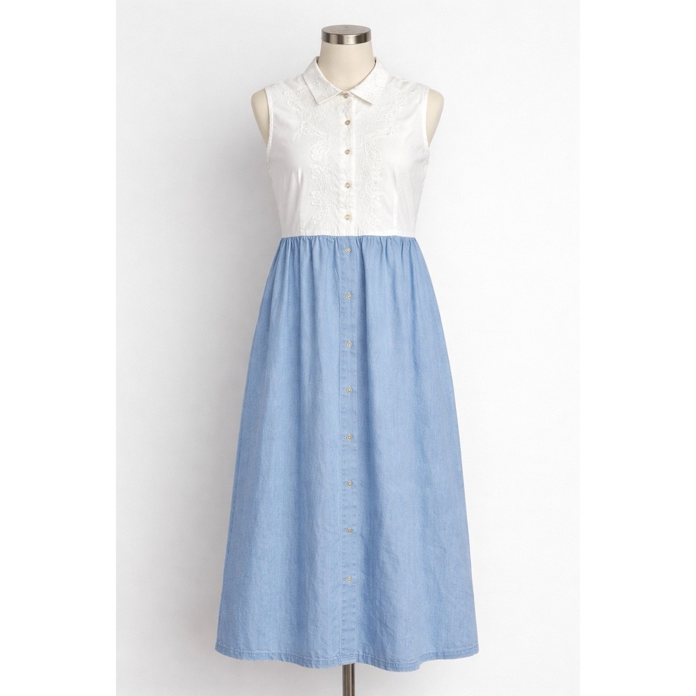 VTG Cambridge Dry Goods Midi Dress‎ L Blue Chambray Prairie Cottagecore